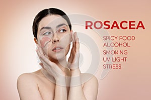 Treatment of rosacea. Portrait of a young, beautiful woman fighting with her hands over her face. There is an enlarged