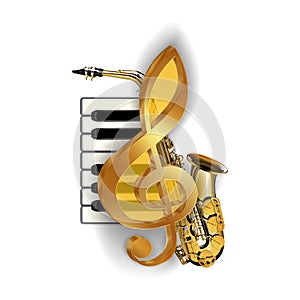 Treble clef on the background saxophone piano keys