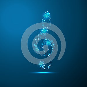 Treble clef connecting dots and lines. Thin line concept. Blue glow color background vector icon illustration