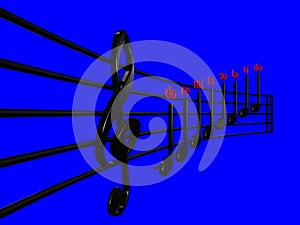 Treble clef and Crotchet black in perspective sheet music with blue background 3D illustration - Do re mi sheet music 3D illustrat