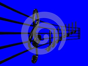 Treble clef and Crotchet black in perspective sheet music with blue background 3D illustration - Do re mi sheet music 3D illustrat
