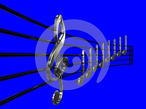 Treble clef and Crotchet silver in perspective sheet music with blue background 3D illustration - Do re mi sheet music 3D illustra
