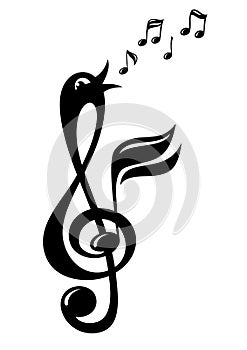 Treble clef in the form of a cheerful singing bird. Decorative element on a musical theme. Illustration