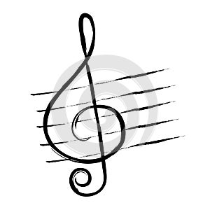 Treble clef, hand drawn in grunge style or vintage. Music symbol.