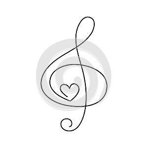 Treble clef and heart one line art,hand drawn continuous contour outline.Love music composition concept,minimalist romantic design