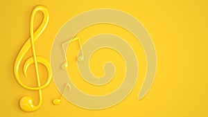 Treble clef and music notes on yellow background. Modern banner design for music event or festival. 3D rendered image.