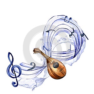 Treble clef, musical notes and mandolin watercolor illustration on white.