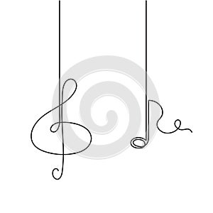 Treble clef and musical notes one line art, hand drawn continuous contour outline.Love music composition concept,minimalist