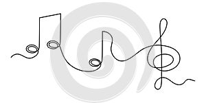 Treble clef and musical notes one line art, hand drawn continuous contour outline.Love music composition concept,minimalist