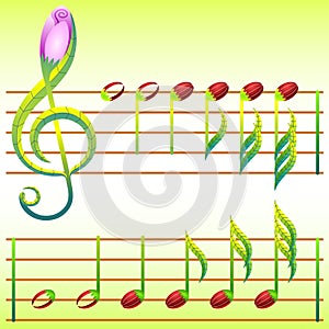 Treble clef and note made of stylized flowers and