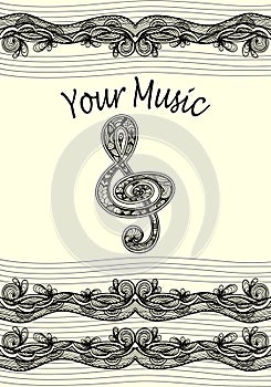 Treble clef notes musical stanza with Zen-tangle ornament black on white photo