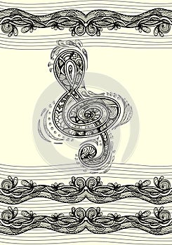 Treble clef notes musical stanza with Zen-tangle ornament black on white photo