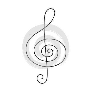 Treble clef one line art, hand drawn continuous contour outline.Love music composition concept,minimalist template melody art