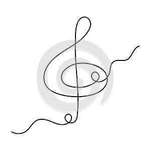 Treble clef one line art, hand drawn continuous contour outline.Love music composition concept,minimalist template melody art