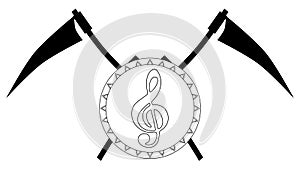 Treble clef with scythes, music, black and white, isolated.