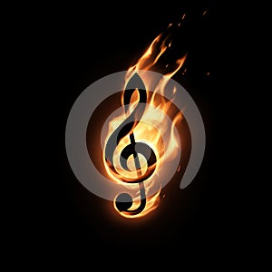 Treble clef silhouette in fire flames