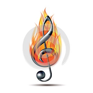 Treble clef silhouette in fire flames. Flaming Music violin clef sign.