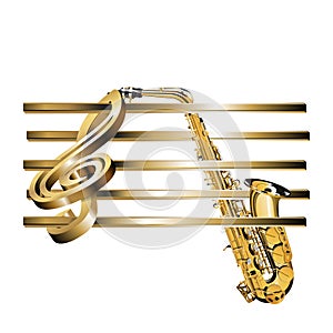 Treble clef stave 3D gold and saxophone