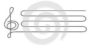 Treble clef stave one line art, hand drawn continuous contour outline.Love music composition concept,minimalist template melody