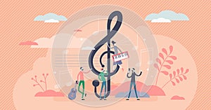 Treble clef vector illustration. Music key in flat tiny persons concept.