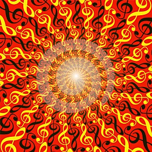 Treble Clefs Explosion Music Spirale Pattern Red Background photo