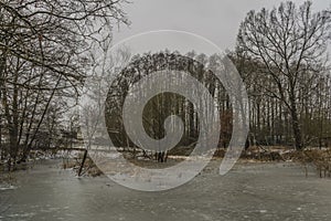 Trebonsko part of south Bohemia in dark winter day with pond