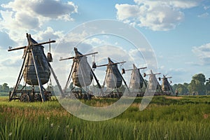 trebuchets lined up in a field, poised to launch projectiles at a fortress