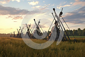 trebuchets lined up in a field, poised to launch projectiles at a fortress