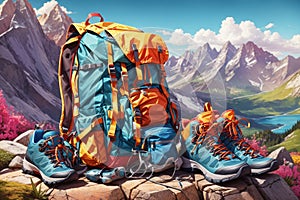 Trecking shoes and backpack travel illustration. ai generative