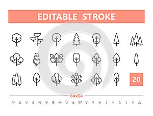 Tree 20 line icons. Vector illustration in line style. Editable Stroke, 64x64, 256x256, Pixel Perfect.