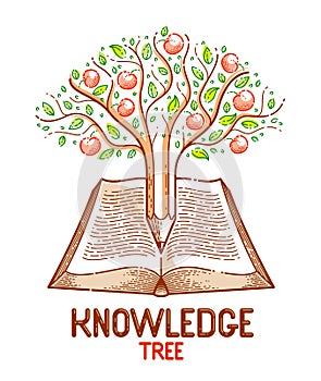 Tree with apples combined with pencil over open vintage book education or science knowledge concept, educational or scientific