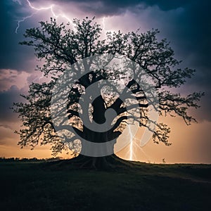 Tree on background lightning strike. Generative AI