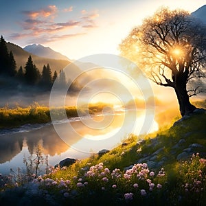 A tree on the bank of a mountain river.