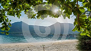 tree beach defocused. tropical beach background. blur light of calm sea and sky. Scenic background of sunlight.