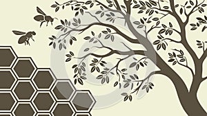 Tree with Beehives and Bees, Honeycomb Pattern, vector design Generative AI photo