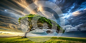 Tree bending in powerful windstorm