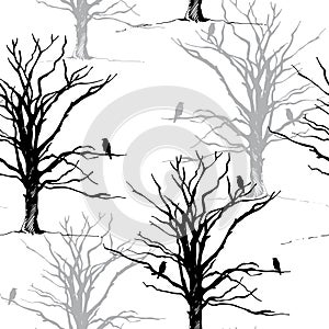 Tree and bird raven silhouette, hand drawn vector illustration