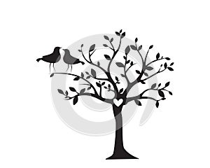 Tree illustration and birds couple silhouette, vector. Birds in love on tree, illustration. Tree silhouette isolated on white