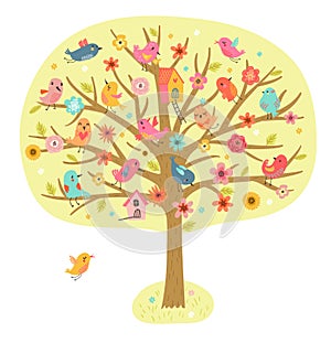 Tree with birds and flowers