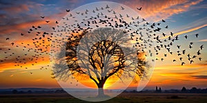 Tree with birds taking flight at dusk photo