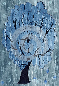 Tree with a blue textured crown on a gray textured background wi