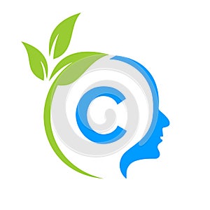 Tree Brain On C Letter Logo Design. Leaf Head Sign Template Healthcare And Fitness, Eco Leaf Thinking Head Concept Vector