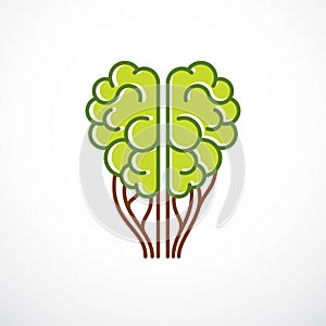 Tree Brain concept, the wisdom of nature, intelligent evolution. Human anatomical brain in a shape of green tree. Brain feeding