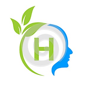 Tree Brain On H Letter Logo Design. Leaf Head Sign Template Healthcare And Fitness, Eco Leaf Thinking Head Concept Vector