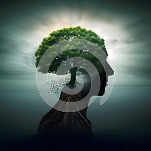 Tree brain with human head cape, idea concept of thinking hope freedom and mind , surreal artwork