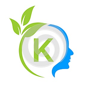 Tree Brain On K Letter Logo Design. Leaf Head Sign Template Healthcare And Fitness, Eco Leaf Thinking Head Concept Vector