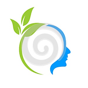 Tree Brain Logo Design. Leaf Head Sign Template Healthcare And Fitness, Eco Leaf Thinking Head Concept Vector