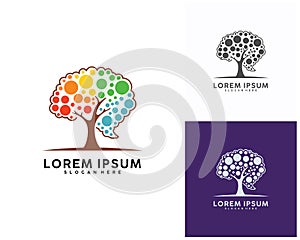 Tree with Brain logo design template, Brain Colorful logo design Vector