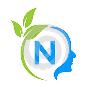 Tree Brain On N Letter Logo Design. Leaf Head Sign Template Healthcare And Fitness, Eco Leaf Thinking Head Concept Vector