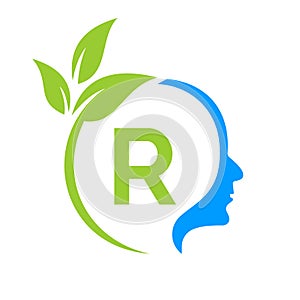 Tree Brain On R Letter Logo Design. Leaf Head Sign Template Healthcare And Fitness, Eco Leaf Thinking Head Concept Vector